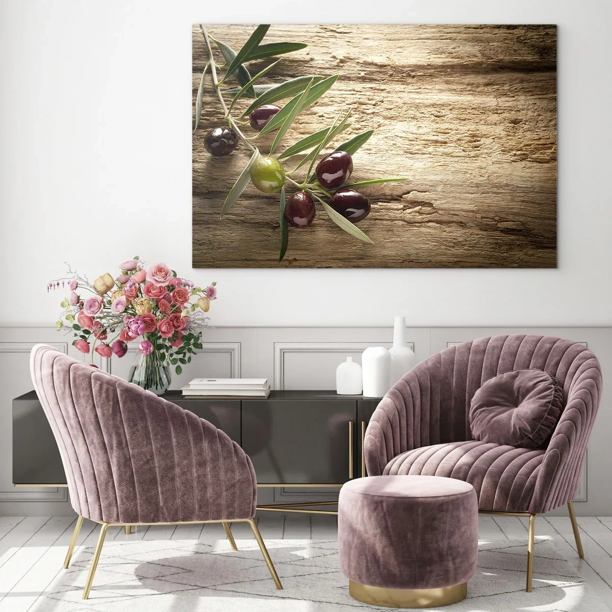 Cuadro sobre vidrio - Impresiones sobre Vidrio - Rama de olivo sobre un fondo de madera - 120x80cm - Directamente de la naturaleza - Decoración de pared moderna para salón y dormitorio ARTTOR