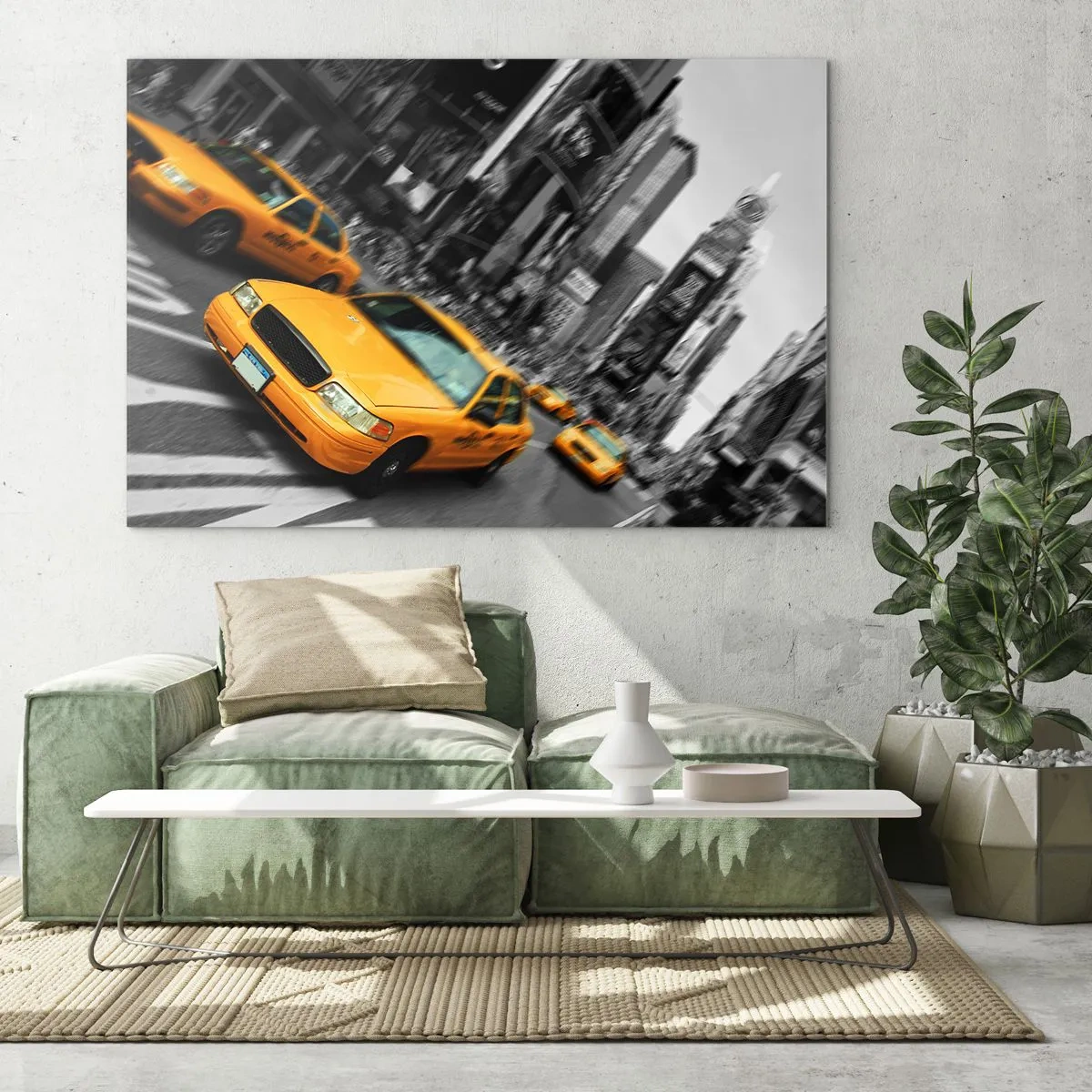 Cuadro sobre vidrio - Impresiones sobre Vidrio - Taxis amarillos con el telón de fondo de calles de la ciudad en blanco y negro - 70x50cm - El sol cae sobre Nueva York - Decoración de pared moderna para salón y dormitorio ARTTOR