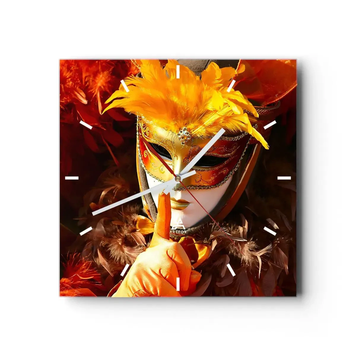 Reloj de pared - Reloj de vidrio - Máscara de carnaval en tonos dorados y naranjas. - 30x30cm - El misterio es parte del juego - Decoración de pared moderna para salón y dormitorio ARTTOR