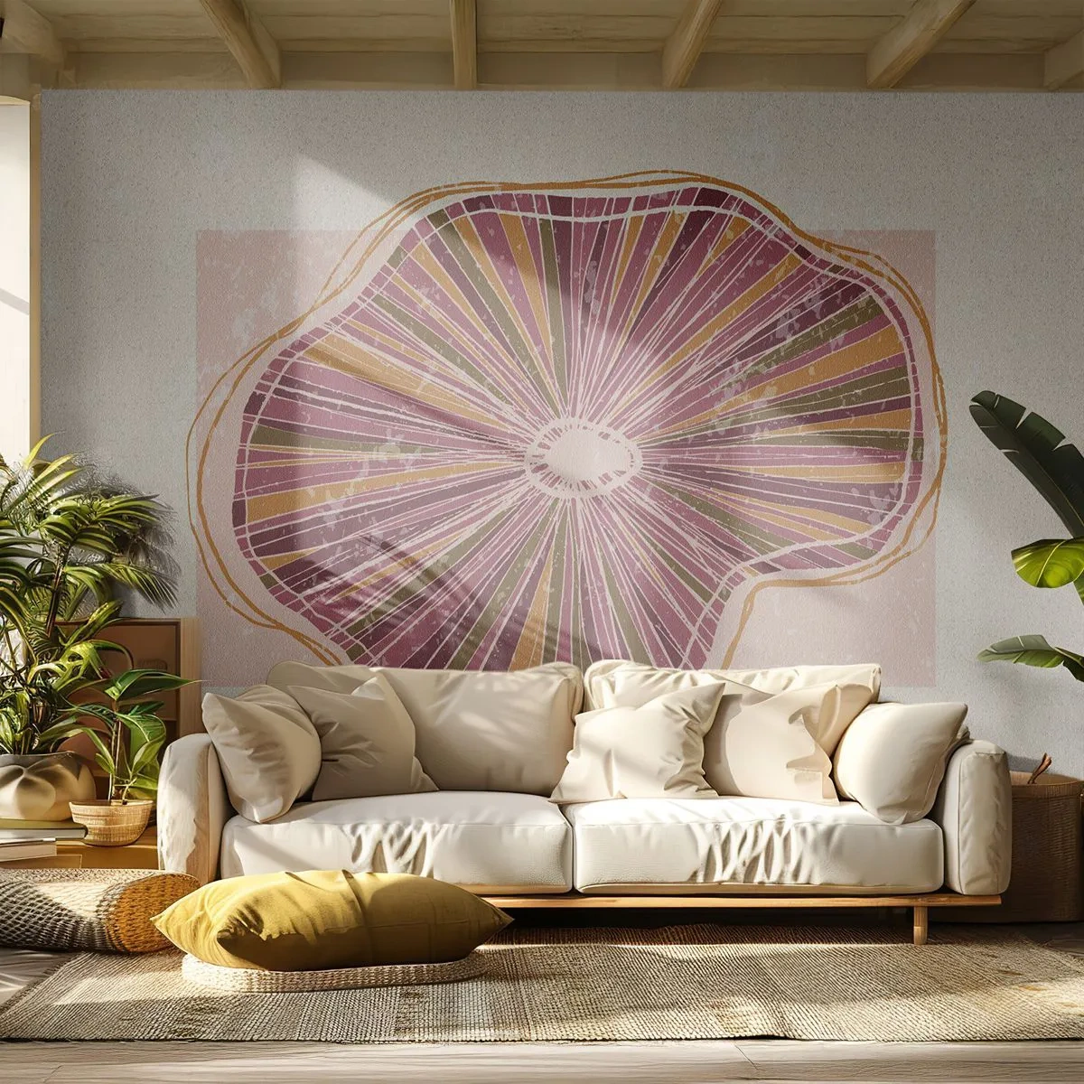 Fotomural Premium Sand - Patrón orgánico radiante en tonos burdeos y ocre. - 100x70cm - Abstracción radiante - Decoración de pared moderna para salón y dormitorio ARTTOR