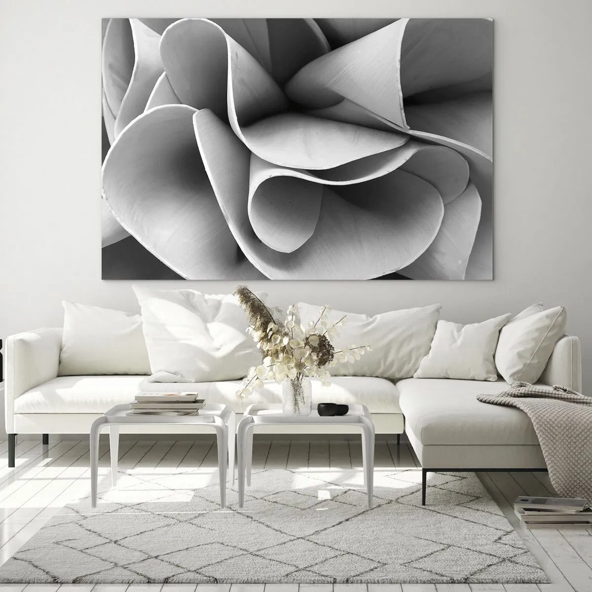 Cuadro sobre vidrio - Impresiones sobre Vidrio - Primer plano en blanco y negro de formas espirales abstractas - 70x50cm - Sucede en el espacio - Decoración de pared moderna para salón y dormitorio ARTTOR