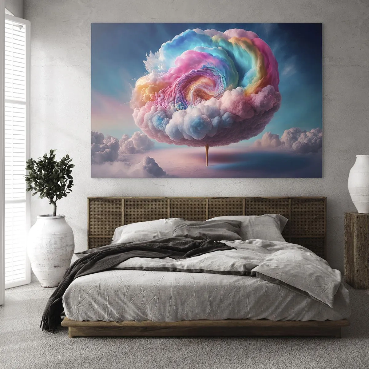 Cuadro sobre vidrio - Impresiones sobre Vidrio - Una nube fantástica en colores pastel que se parece al algodón de azúcar. - 70x50cm - El sueño de un parque de atracciones - Decoración de pared moderna para salón y dormitorio ARTTOR