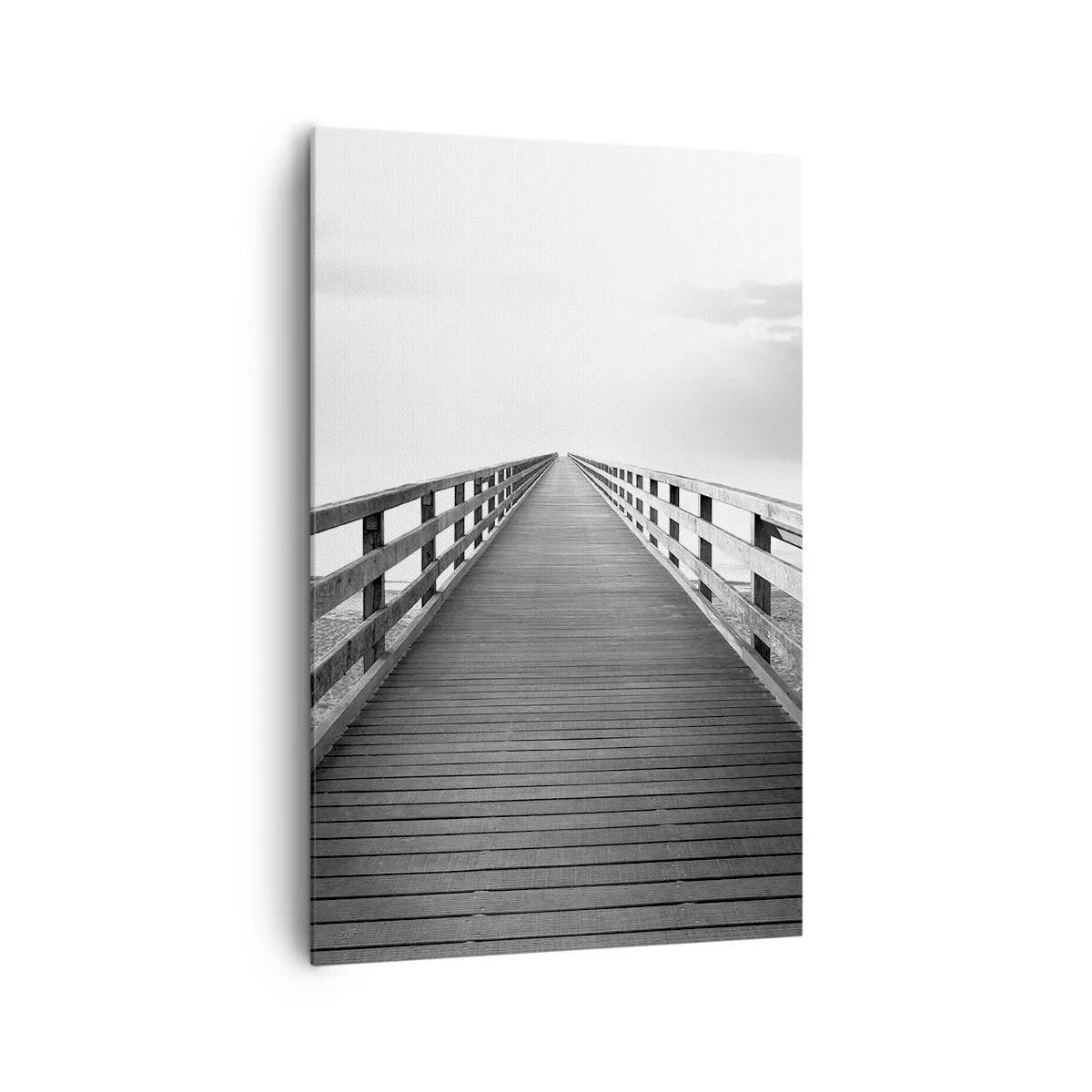 Cuadro sobre lienzo - Impresión de Imagen - Una imagen en blanco y negro de un embarcadero de madera que conduce hacia el horizonte. - 80x120cm - En la distancia... - Decoración de pared moderna para salón y dormitorio ARTTOR