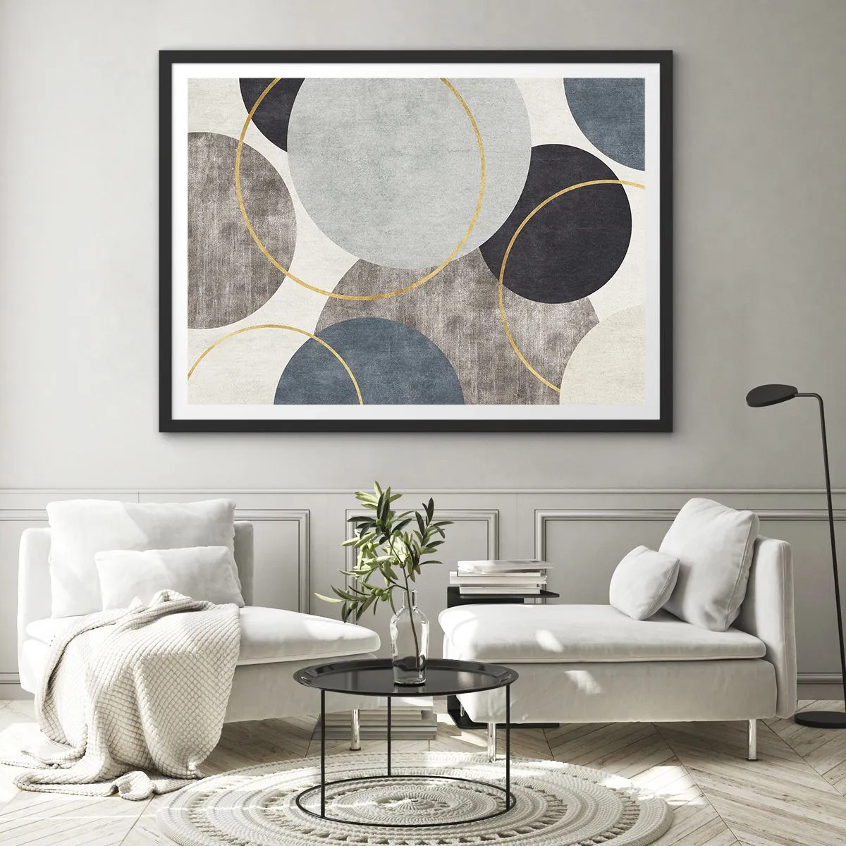 Póster en marco negro - Círculos geométricos en tonos grises, azules y dorados. - 70x50cm - Círculo tras círculo - Decoración de pared moderna para salón y dormitorio ARTTOR