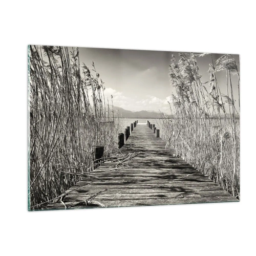Cuadro sobre vidrio - Impresiones sobre Vidrio - Un puente de madera atraviesa la hierba y cruza un lago tranquilo. - 120x80cm - En la quietud de los juncos - Decoración de pared moderna para salón y dormitorio ARTTOR