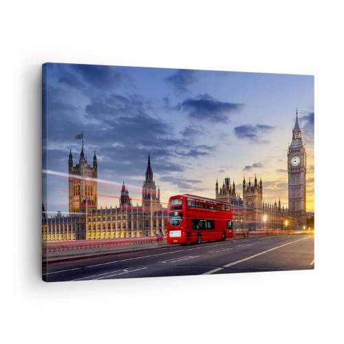 Cuadro sobre lienzo - Impresión de Imagen - Un autobús rojo con el Big Ben y las Casas del Parlamento al fondo al anochecer. - 70x50cm - Lo más característico - Decoración de pared moderna para salón y dormitorio ARTTOR
