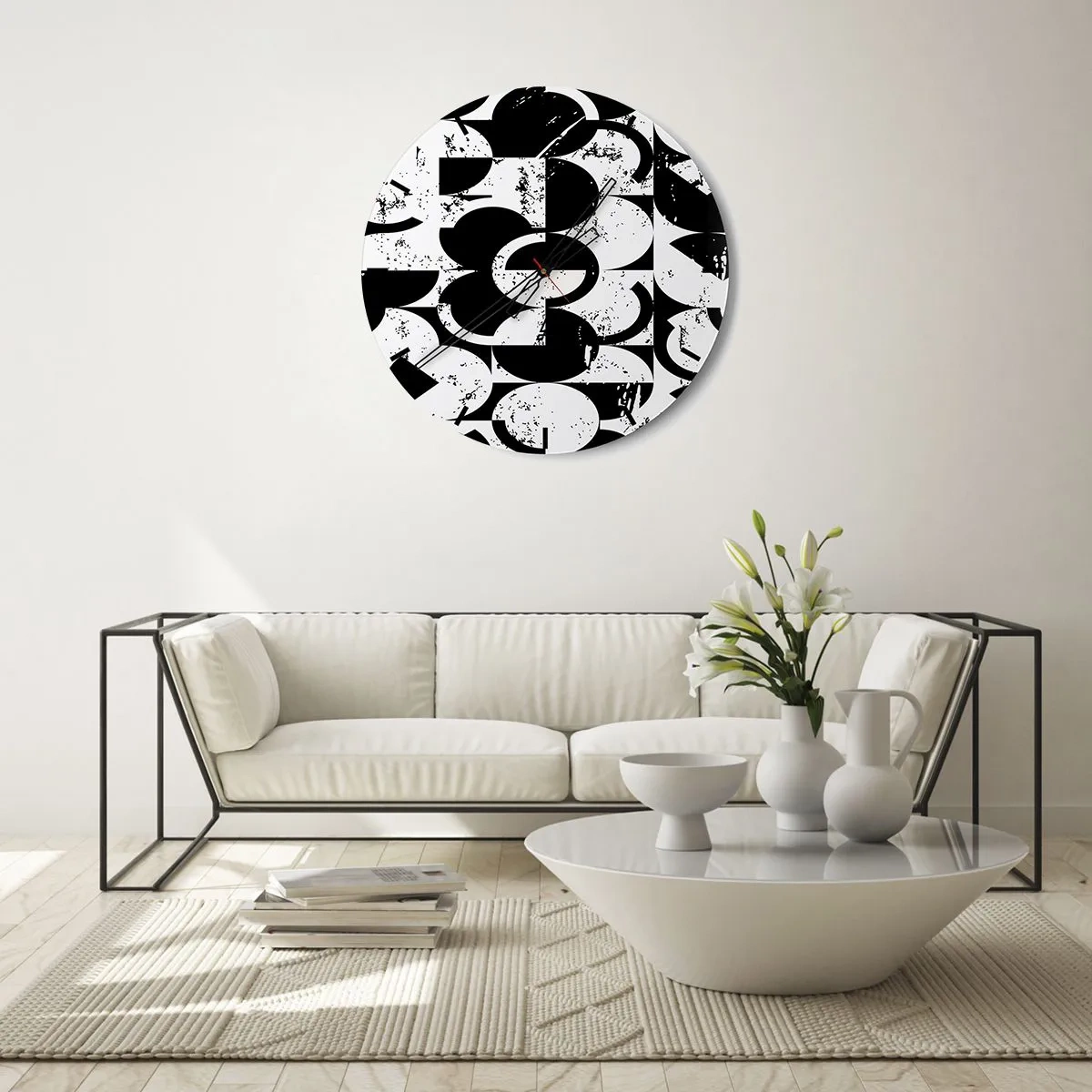 Reloj de pared - Reloj de vidrio - Un patrón geométrico en blanco y negro con carácter artístico. - 30x30cm - El blanco es blanco y el negro es negro - Decoración de pared moderna para salón, cocina y dormitorio ARTTOR