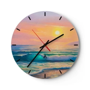 Reloj de pared - Reloj de vidrio - Una pintoresca puesta de sol sobre un océano en calma. - 30x30cm - El canto turquesa de las olas - Decoración de pared moderna para salón, cocina y dormitorio ARTTOR