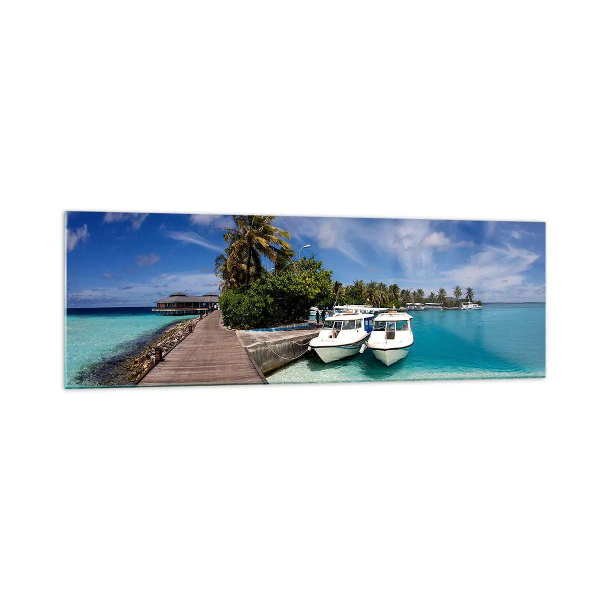 Cuadro sobre vidrio - Impresiones sobre Vidrio - Un embarcadero sobre un mar turquesa con barcos y palmeras. - 160x50cm - Y sin embargo el paraíso existe - Decoración de pared moderna para salón y dormitorio ARTTOR