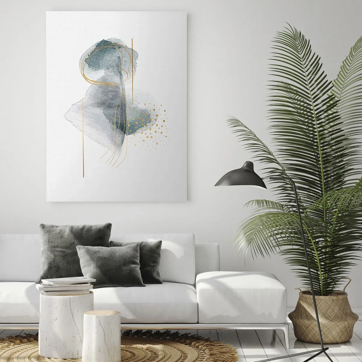 Cuadro sobre vidrio - Impresiones sobre Vidrio - Una composición abstracta de gris con acentos dorados. - 50x70cm - Sobre la relación entre el gris y el oro - Decoración de pared moderna para salón y dormitorio ARTTOR