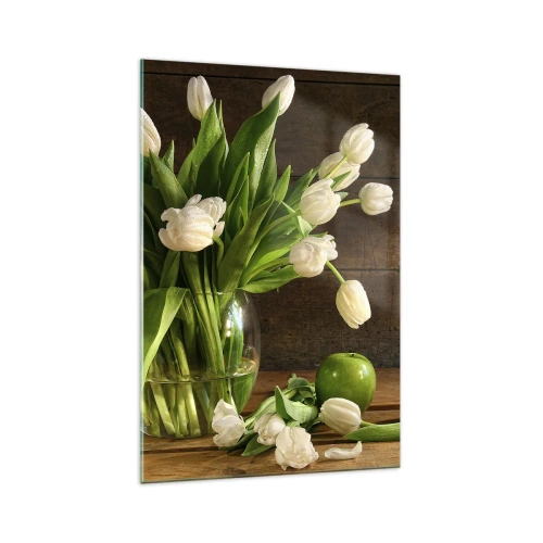 Cuadro sobre vidrio - Impresiones sobre Vidrio - Un ramo de tulipanes blancos en un jarrón de cristal con manzanas verdes. - 70x100cm - Jugoso y fresco en verde y blanco - Decoración de pared moderna para salón y dormitorio ARTTOR