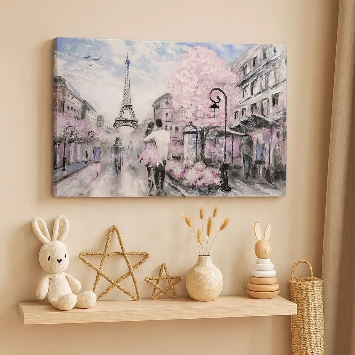 Cuadro sobre lienzo - Impresión de Imagen - Un paseo romántico por París junto a la Torre Eiffel - 70x50cm - La ciudad del amor - Decoración de pared moderna para salón y dormitorio ARTTOR