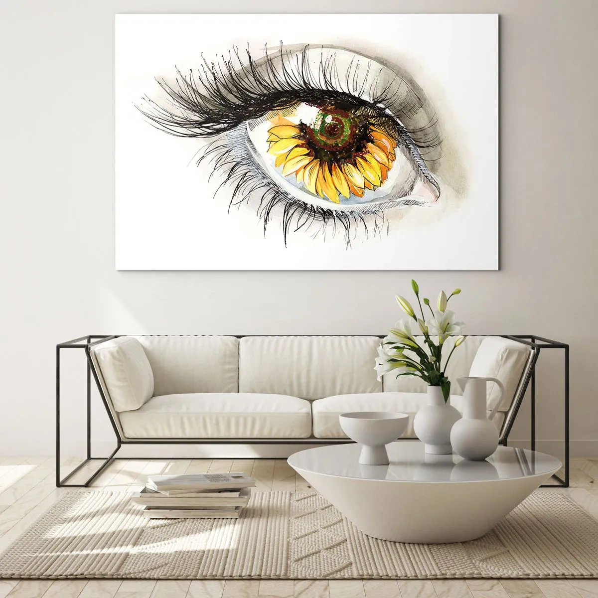 Cuadro sobre vidrio - Impresiones sobre Vidrio - Un ojo con motivo de girasol rodeado de delicados detalles. - 70x50cm - Un aspecto tan caluroso como el verano - Decoración de pared moderna para salón y dormitorio ARTTOR