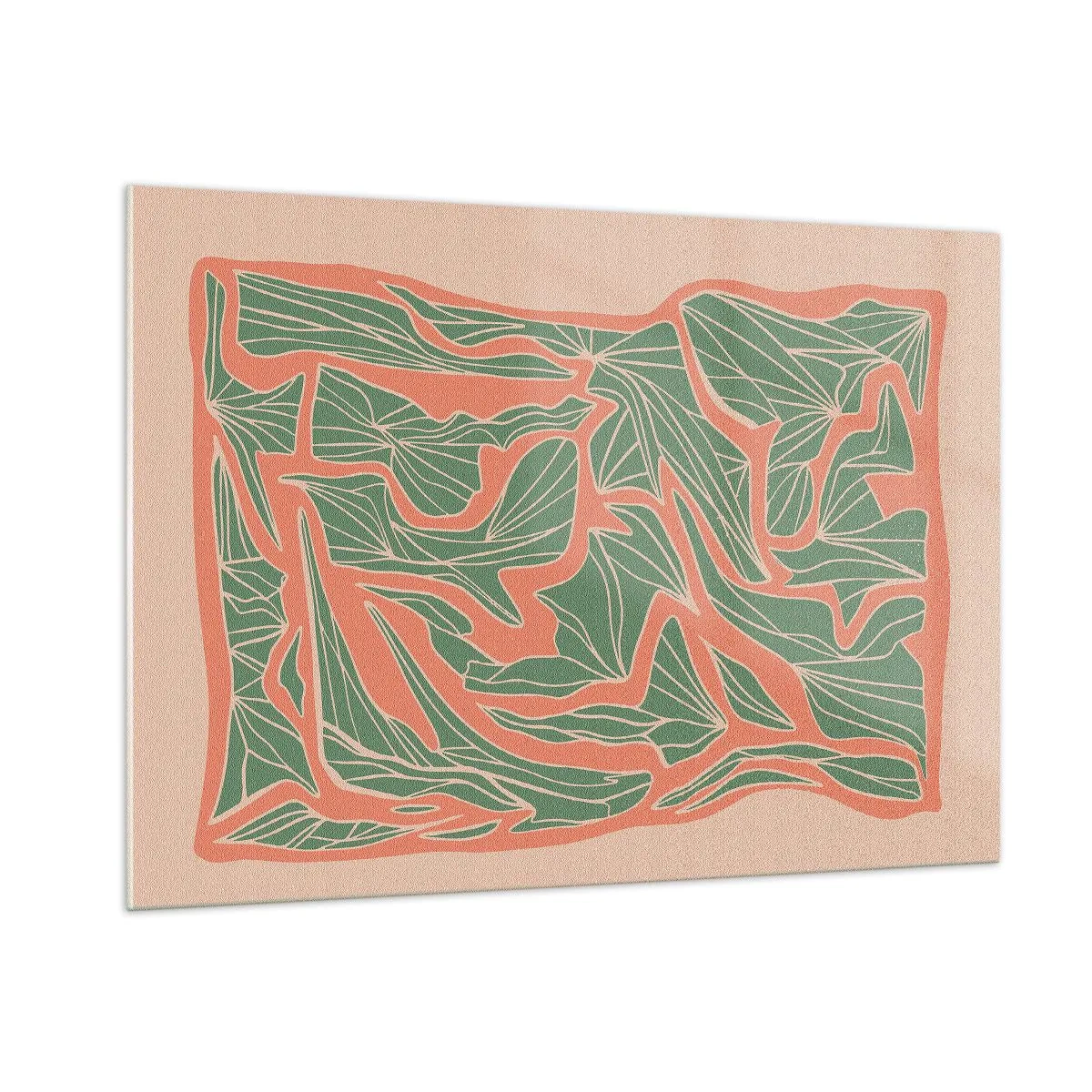 Cuadro sobre vidrio - Impresiones sobre Vidrio - Formas de hojas verdes rodeadas de un marco coral sobre un fondo beige - 100x70cm - Lucha entre el coral y el verde - Decoración de pared moderna para salón y dormitorio ARTTOR