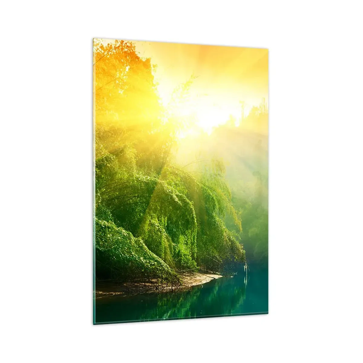 Cuadro sobre vidrio - Impresiones sobre Vidrio - Un bosque verde junto al río, iluminado por los rayos del sol naciente. - 80x120cm - Ahogarse en el sol y la sombra - Decoración de pared moderna para salón y dormitorio ARTTOR