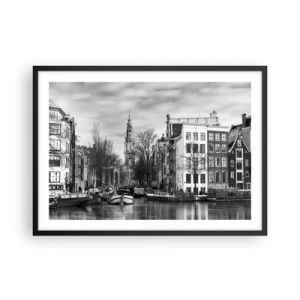 Póster en marco negro - Panorama en blanco y negro de Ámsterdam con canal y edificios históricos - 70x50cm - Ambiente de Ámsterdam - Decoración de pared moderna para salón y dormitorio ARTTOR