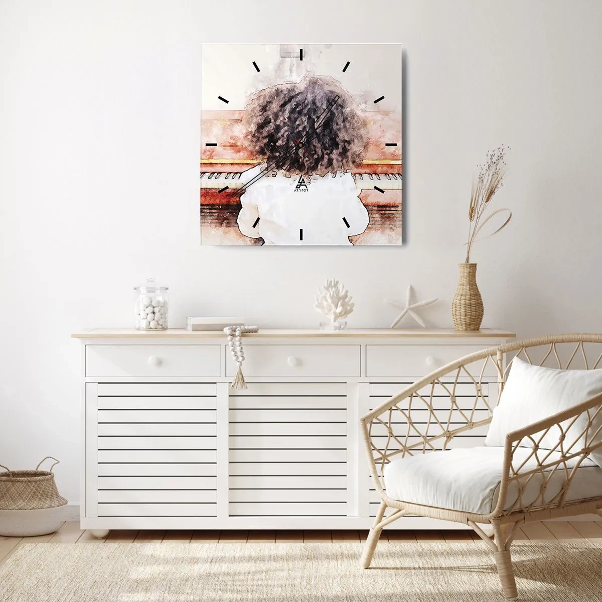 Reloj de pared - Reloj de vidrio - Una chica con cabello tupido al piano - 30x30cm - Descubriendo un mundo nuevo - Decoración de pared moderna para salón y dormitorio ARTTOR