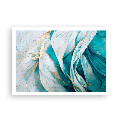 Póster - Hojas azules abstractas con detalles dorados - 100x70cm - Abstracción azul con motivos dorados - Decoración de pared moderna para salón y dormitorio ARTTOR