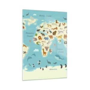 Cuadro sobre vidrio - Impresiones sobre Vidrio - Un mapa del mundo colorido con ilustraciones de animales de diferentes continentes. - 50x70cm - Buenos vecinos - Decoración de pared moderna para salón y dormitorio ARTTOR
