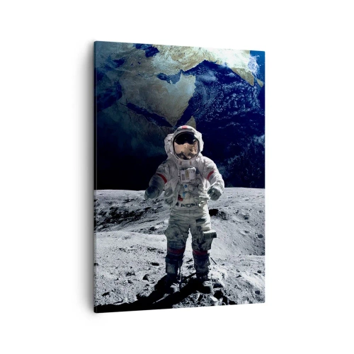Cuadro sobre lienzo - Impresión de Imagen - Astronauta en la superficie de la Luna con la Tierra al fondo - 50x70cm - Saludos desde la Luna - Decoración de pared moderna para salón y dormitorio ARTTOR