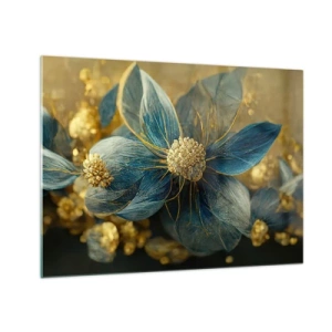 Cuadro sobre vidrio - Impresiones sobre Vidrio - Flores azules y doradas con un toque lujoso. - 70x50cm - Flor de oro - Decoración de pared moderna para salón y dormitorio ARTTOR
