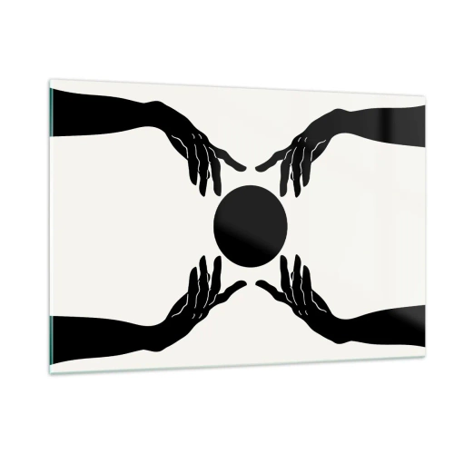 Cuadro sobre vidrio - Impresiones sobre Vidrio - Manos negras alrededor de un círculo negro sobre un fondo claro - 120x80cm - Una señal secreta - Decoración de pared moderna para salón y dormitorio ARTTOR