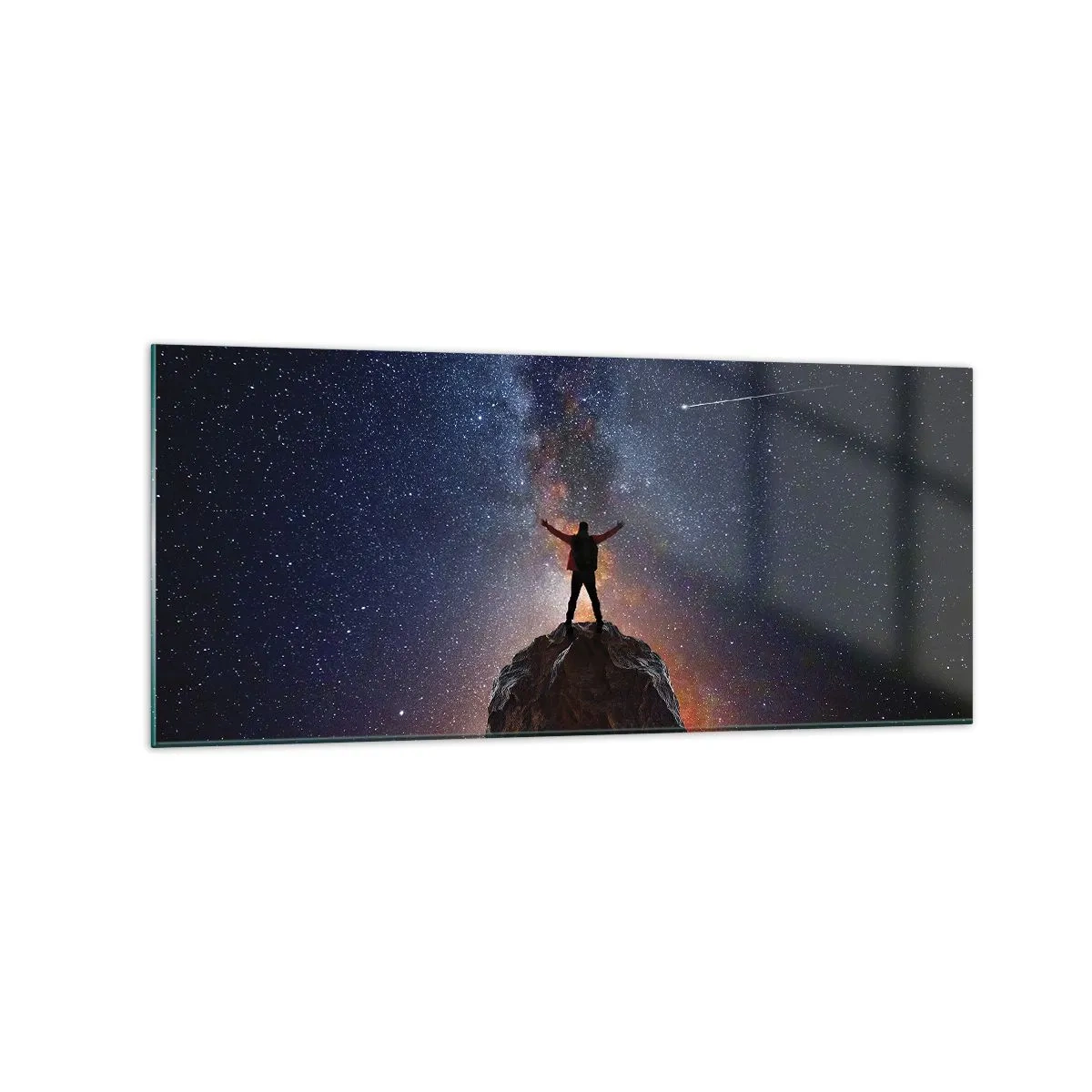 Cuadro sobre vidrio - Impresiones sobre Vidrio - Una figura en la cima de una montaña bajo un cielo estrellado. - 120x50cm - ¡El poder está conmigo! - Decoración de pared moderna para salón y dormitorio ARTTOR