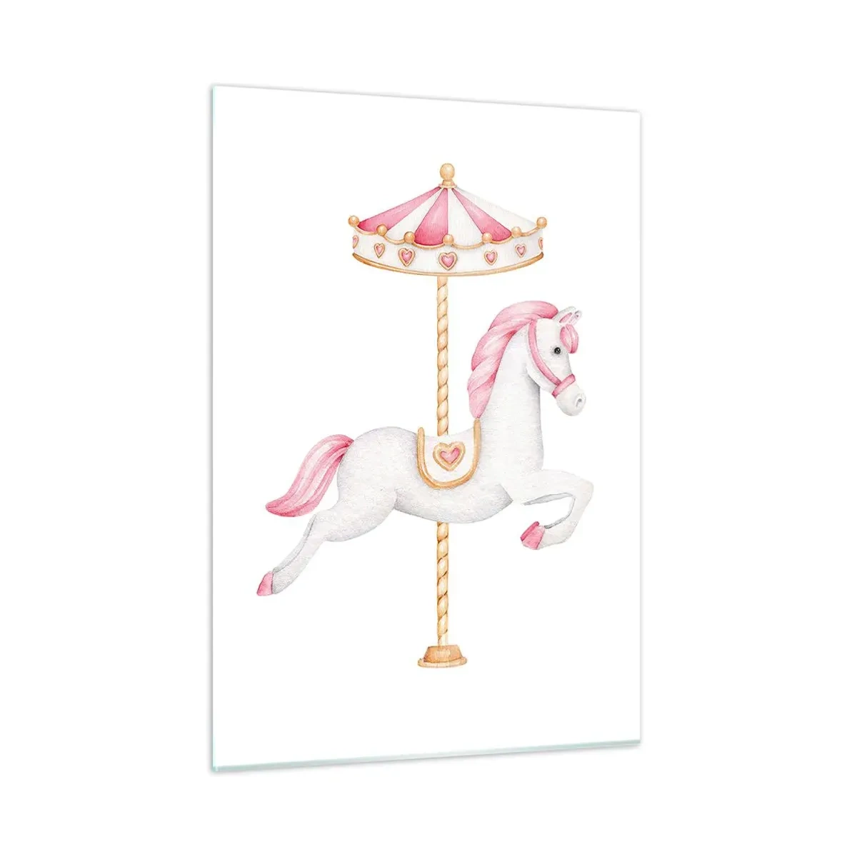 Cuadro sobre vidrio - Impresiones sobre Vidrio - Caballo de carrusel rosa y blanco sobre un fondo blanco - 50x70cm - Partió al galope - Decoración de pared moderna para salón y dormitorio ARTTOR