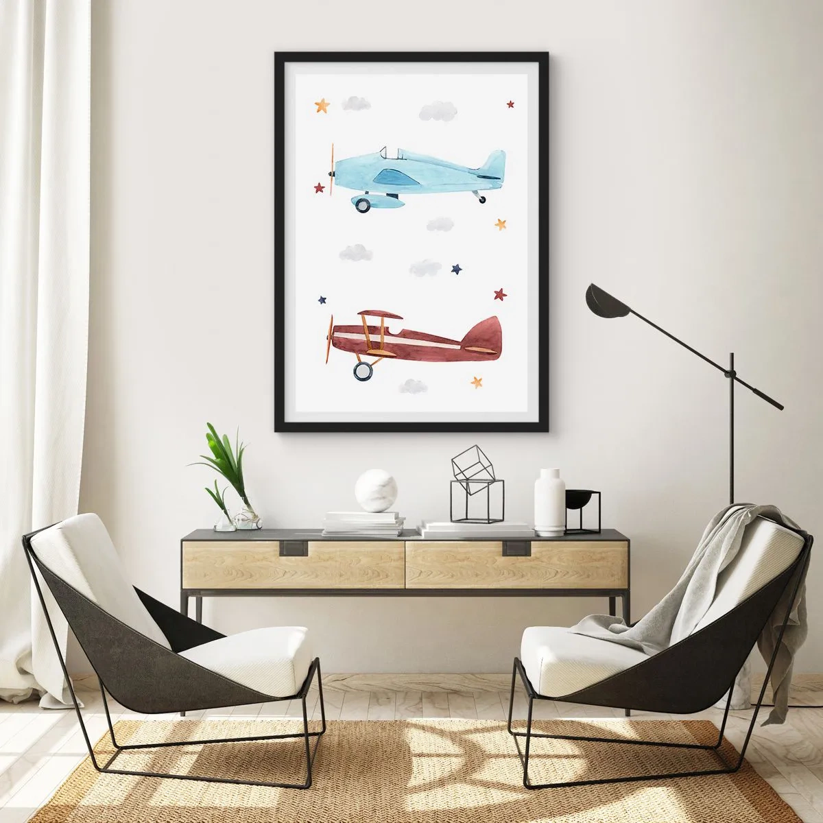 Póster en marco negro - Ilustraciones en acuarela de dos aviones flotando entre las nubes y las estrellas. - 50x70cm - ¡Piloto, estamos esperando! - Decoración de pared moderna para salón y dormitorio ARTTOR