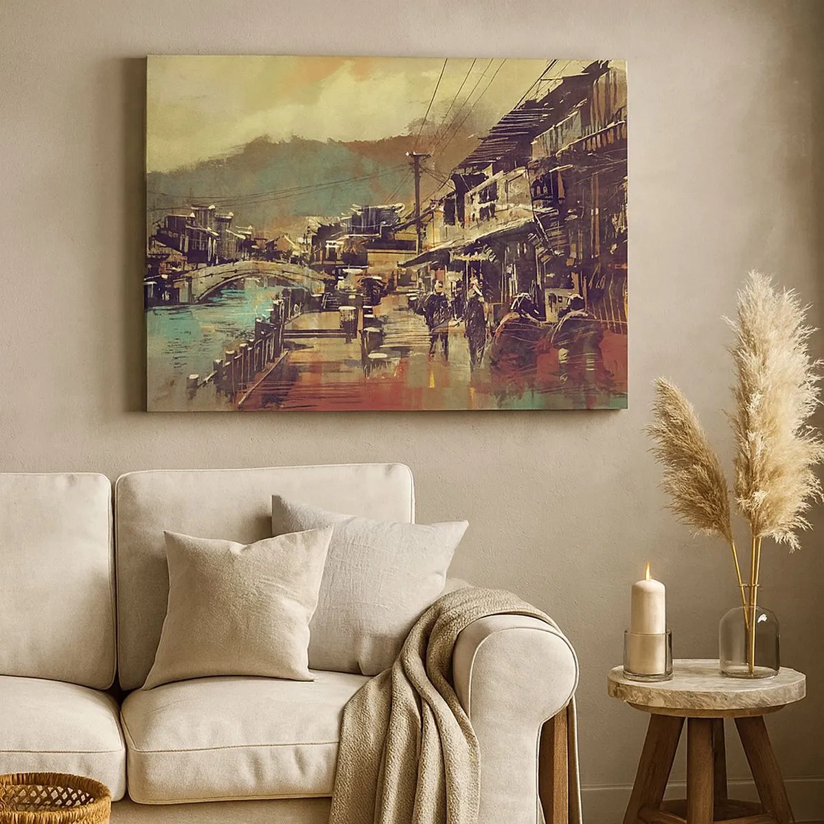 Cuadro sobre lienzo - Impresión de Imagen - Un pueblo con un puente y calles de estilo artístico. - 70x50cm - La vida como riqueza de grises - Decoración de pared moderna para salón y dormitorio ARTTOR