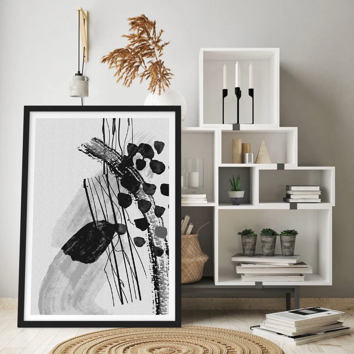 Póster en marco negro - Abstracción orgánica en blanco y negro - 61x91 cm