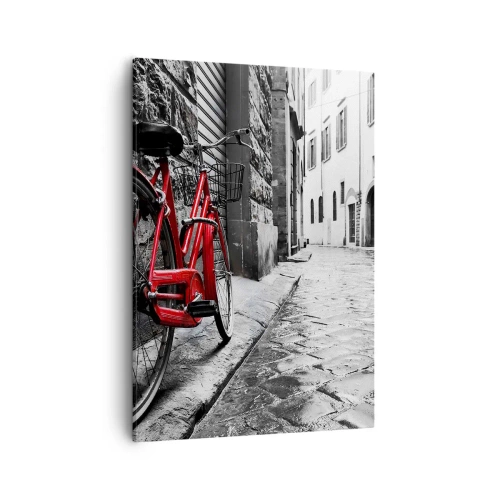 Cuadro sobre lienzo - Impresión de Imagen - Bicicleta roja en una calle en blanco y negro - 50x70cm - La verdadera belleza no envejece - Decoración de pared moderna para salón y dormitorio ARTTOR