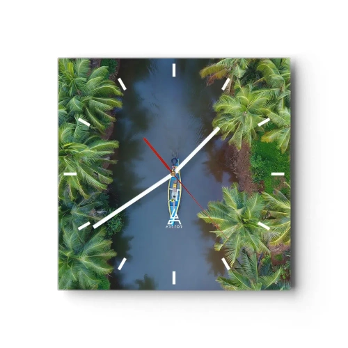 Reloj de pared - Reloj de vidrio - Una vista de pájaro de un barco en un río rodeado de palmeras. - 30x30cm - En un sendero tropical - Decoración de pared moderna para salón y dormitorio ARTTOR