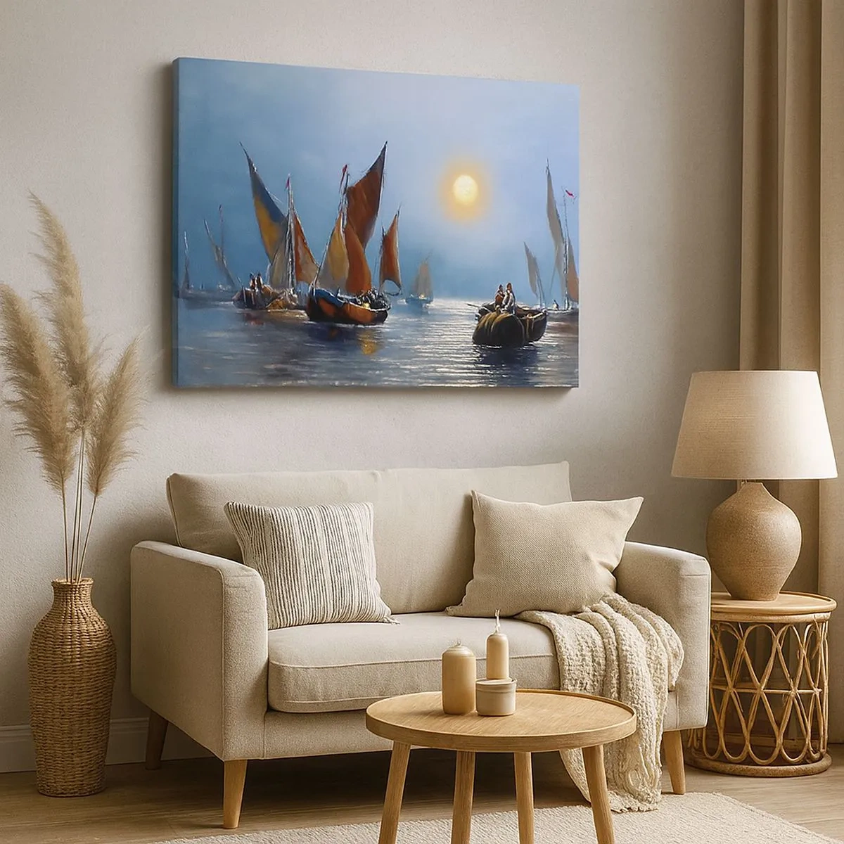 Cuadro sobre lienzo - Impresión de Imagen - Barcos con velas en aguas tranquilas al atardecer - 70x50cm - Pesca nocturna - Decoración de pared moderna para salón y dormitorio ARTTOR