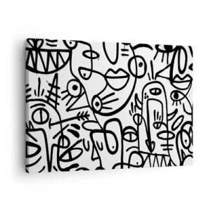 Cuadro sobre lienzo - Impresión de Imagen - Dibujos abstractos en blanco y negro con motivos faciales. - 70x50cm - Rostros y espejismos - Decoración de pared moderna para salón y dormitorio ARTTOR