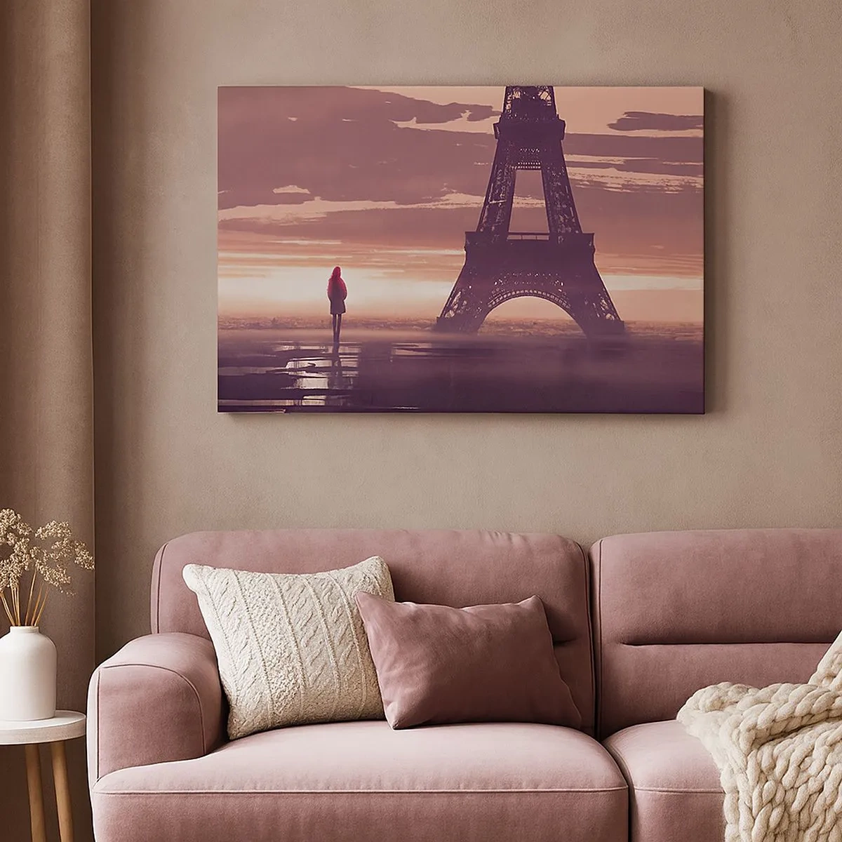 Cuadro sobre lienzo - Impresión de Imagen - Una figura mirando la Torre Eiffel a la luz del sol poniente. - 70x50cm - Sólo ellas dos - Decoración de pared moderna para salón y dormitorio ARTTOR