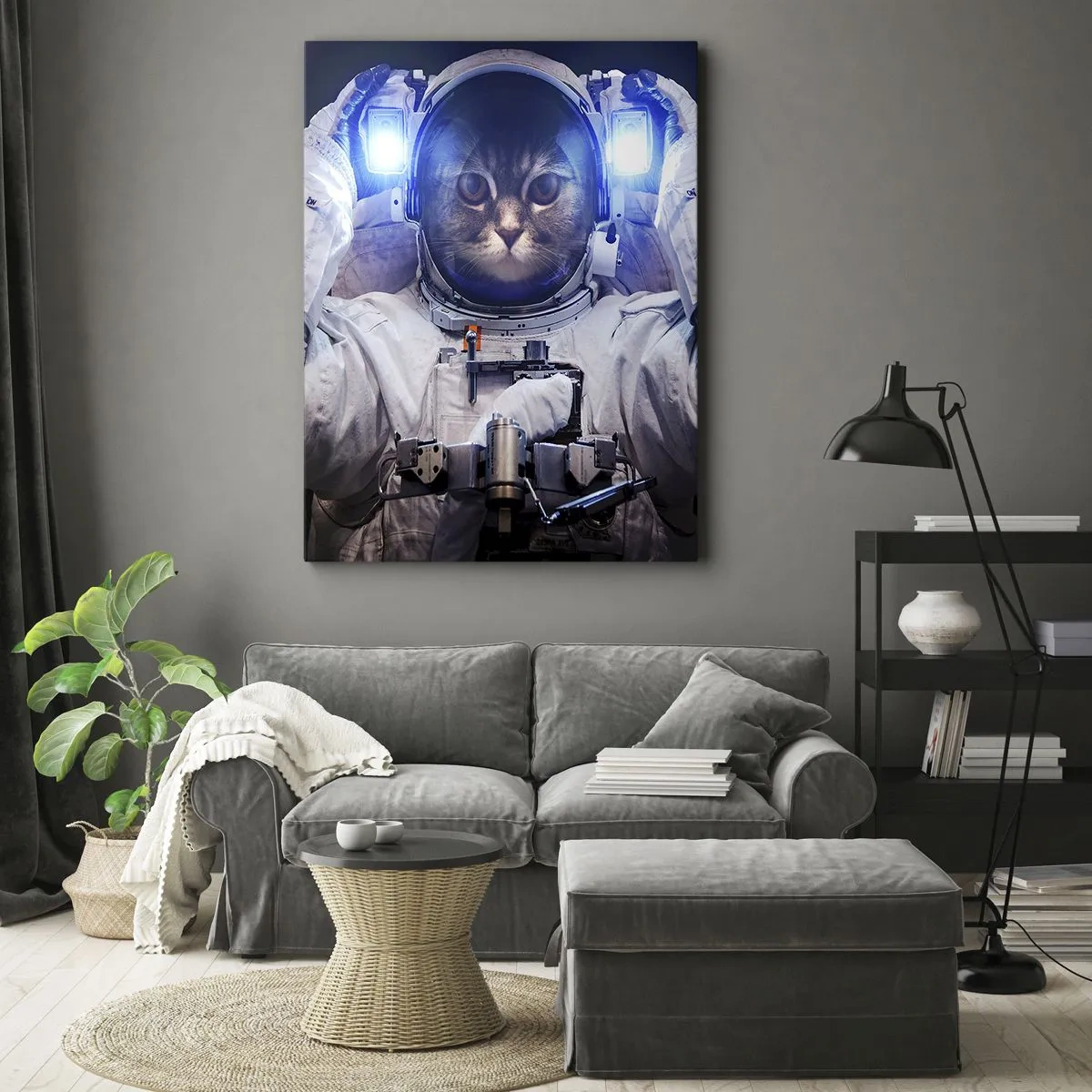 Cuadro sobre lienzo - Impresión de Imagen - Un gato en un traje de astronauta con la Tierra al fondo y una luz brillante. - 80x120cm - Houston, tienes un problema. - Decoración de pared moderna para salón y dormitorio ARTTOR
