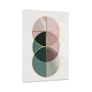 Cuadro sobre vidrio - Impresiones sobre Vidrio - Formas geométricas con tonos verdes y rosas sobre un fondo claro. - 50x70cm - Círculo tras círculo... - Decoración de pared moderna para salón y dormitorio ARTTOR