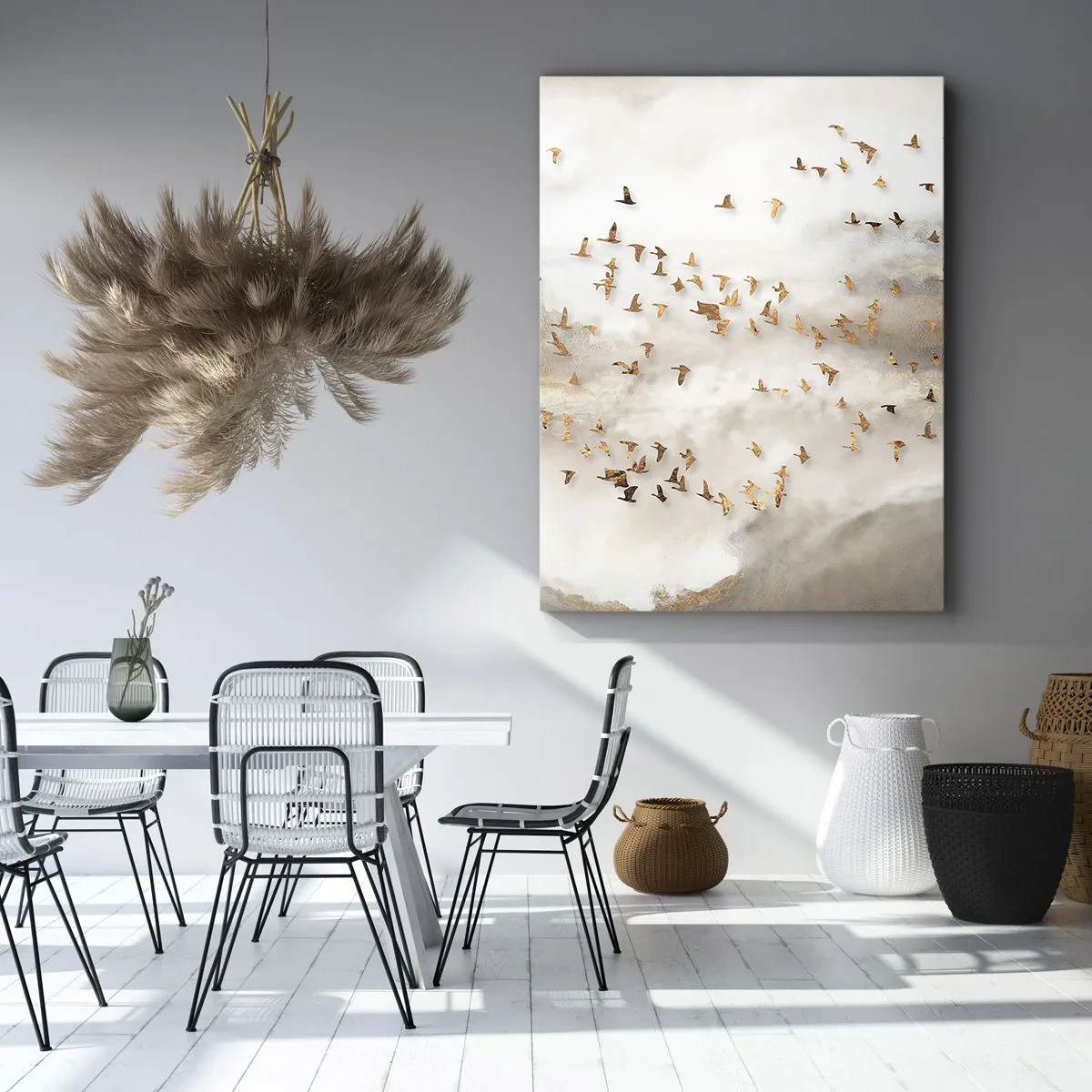 Cuadro sobre lienzo - Impresión de Imagen - Pájaros dorados contra las montañas brumosas - 70x100cm - Es hora... - Decoración de pared moderna para salón y dormitorio ARTTOR