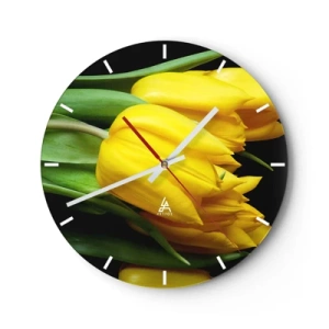 Reloj de pared - Reloj de vidrio - Tulipanes amarillos sobre fondo negro - 30x30cm - Resucitado de puro sol - Decoración de pared moderna para salón, cocina y dormitorio ARTTOR
