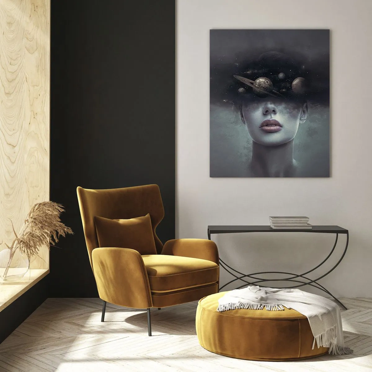 Cuadro sobre vidrio - Impresiones sobre Vidrio - Un rostro de mujer con un motivo de planeta y espacio en el fondo. - 70x100cm - Y los planetas sienten... - Decoración de pared moderna para salón y dormitorio ARTTOR