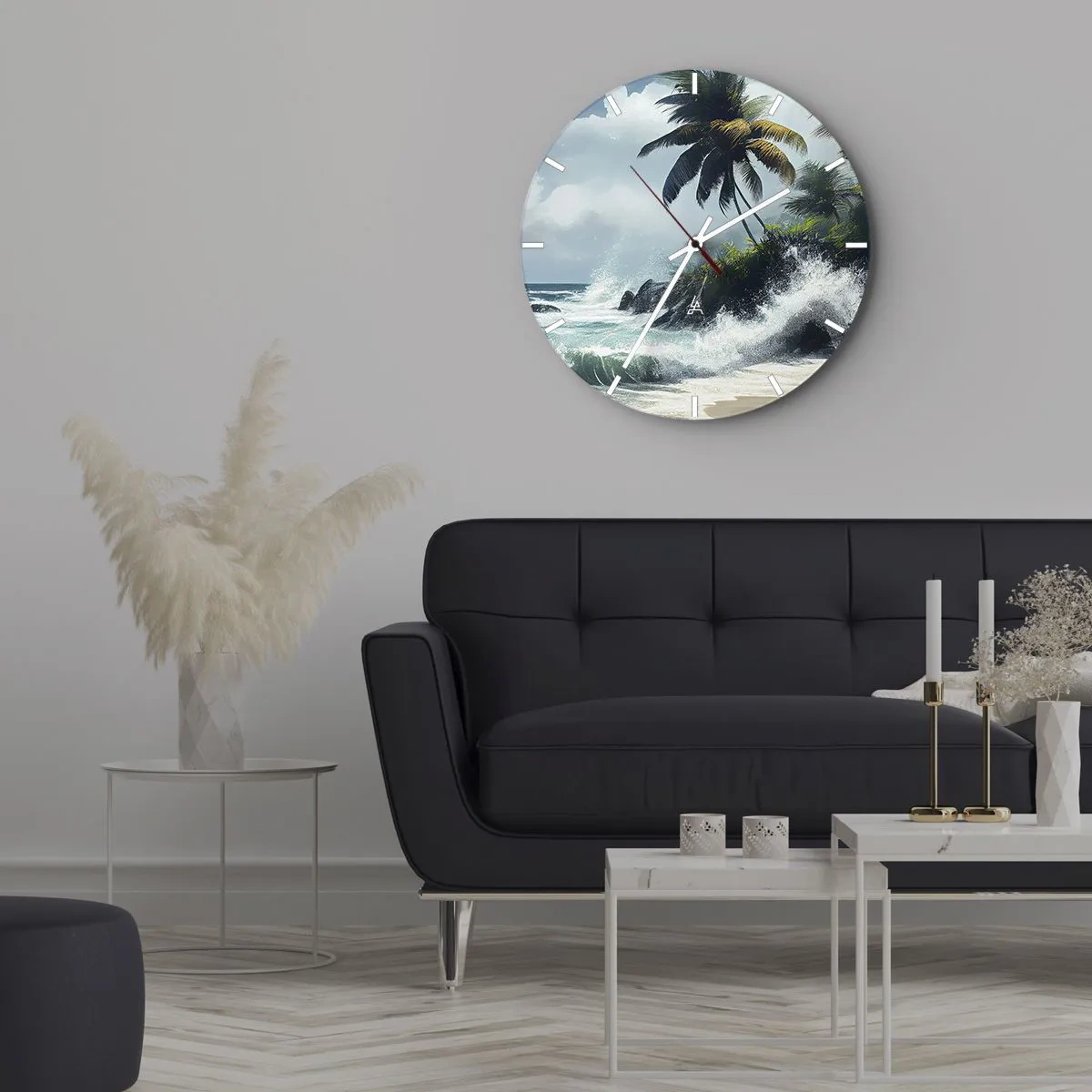 Reloj de pared - Reloj de vidrio - Playa tropical con palmeras y olas rompientes del océano. - 30x30cm - En una costa tropical - Decoración de pared moderna para salón, cocina y dormitorio ARTTOR
