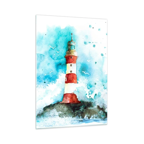 Cuadro sobre vidrio - Impresiones sobre Vidrio - Un faro rodeado de olas del mar en estilo acuarela. - 50x70cm - La unidad de los elementos - Decoración de pared moderna para salón y dormitorio ARTTOR