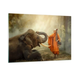 Cuadro sobre vidrio - Impresiones sobre Vidrio - Un monje con túnicas naranjas con un elefante en un entorno natural. - 120x80cm - Un encuentro en un viaje - Decoración de pared moderna para salón y dormitorio ARTTOR