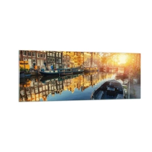 Cuadro sobre vidrio - Impresiones sobre Vidrio - Canal de Ámsterdam al atardecer - 140x50cm - Mañana en Ámsterdam - Decoración de pared moderna para salón y dormitorio ARTTOR
