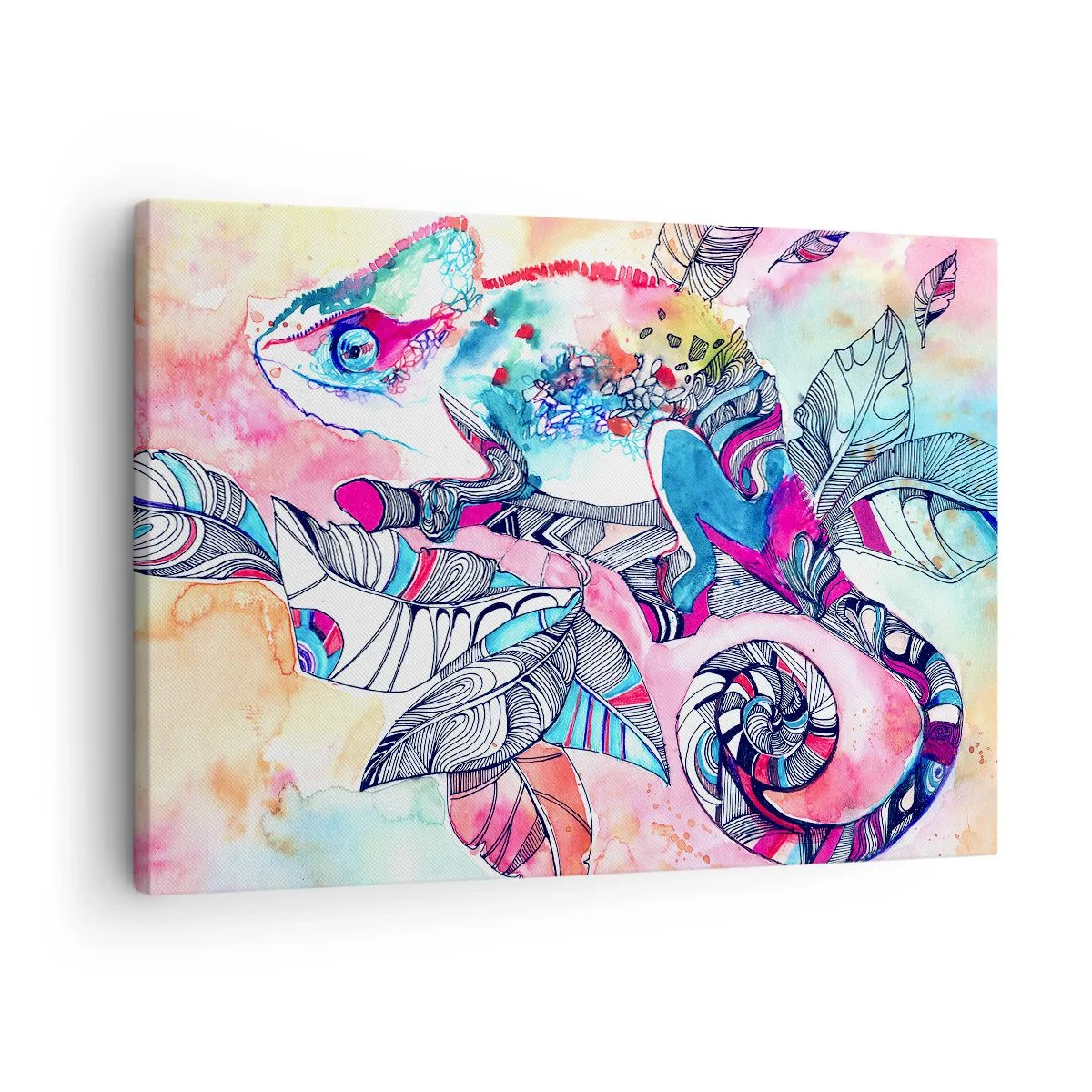 Cuadro sobre lienzo - Impresión de Imagen - Camaleón colorido sobre fondo de hojas abstractas - 70x50cm - Colorido como nuestro mundo - Decoración de pared moderna para salón y dormitorio ARTTOR