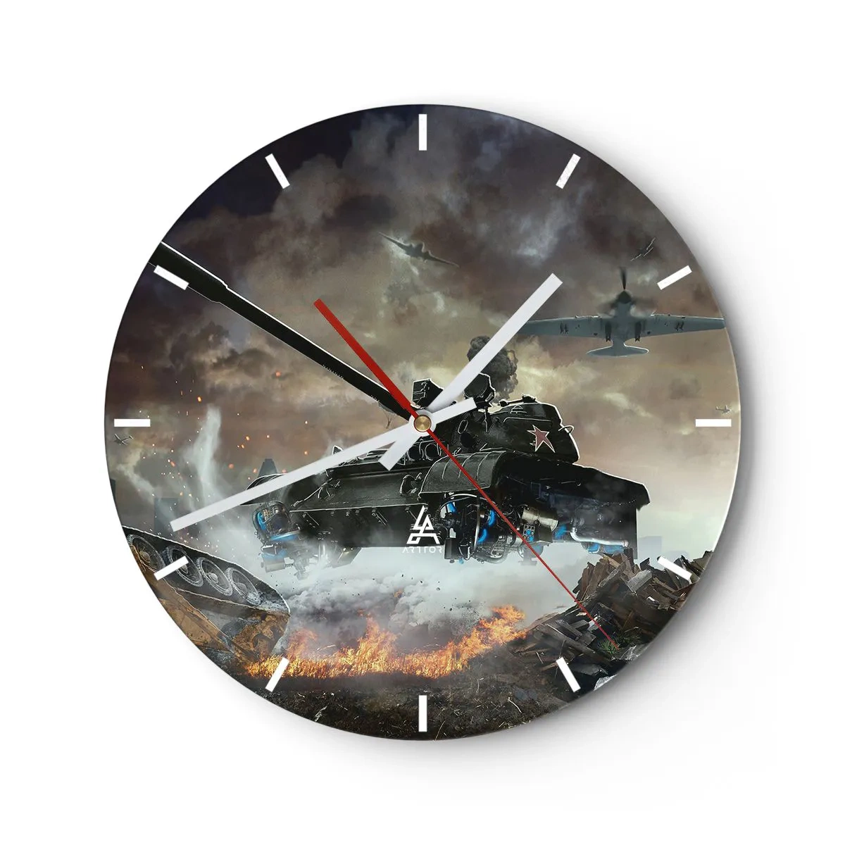 Reloj de pared - Reloj de vidrio - Tanques y aviones en acción - 30x30cm - La batalla es terrible y hermosa - Decoración de pared moderna para salón, cocina y dormitorio ARTTOR