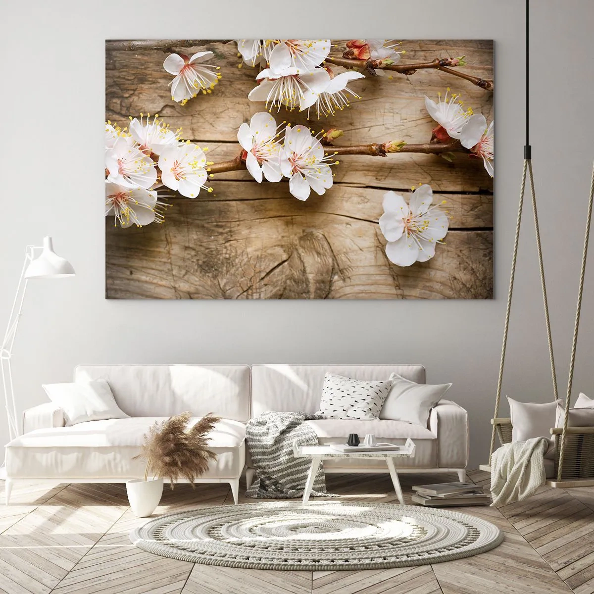 Cuadro sobre vidrio - Impresiones sobre Vidrio - Ramas de cerezos en flor sobre un fondo de madera - 100x70cm - Se acerca la primavera - Decoración de pared moderna para salón y dormitorio ARTTOR