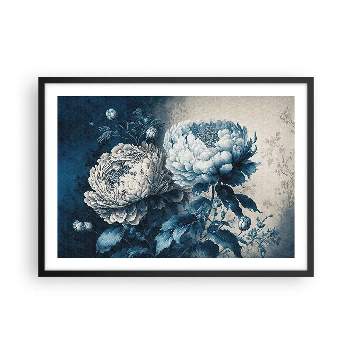 Póster en marco negro - Peonías azules sobre un fondo sutil con un patrón delicado. - 70x50cm - Una pareja unida - Decoración de pared moderna para salón y dormitorio ARTTOR