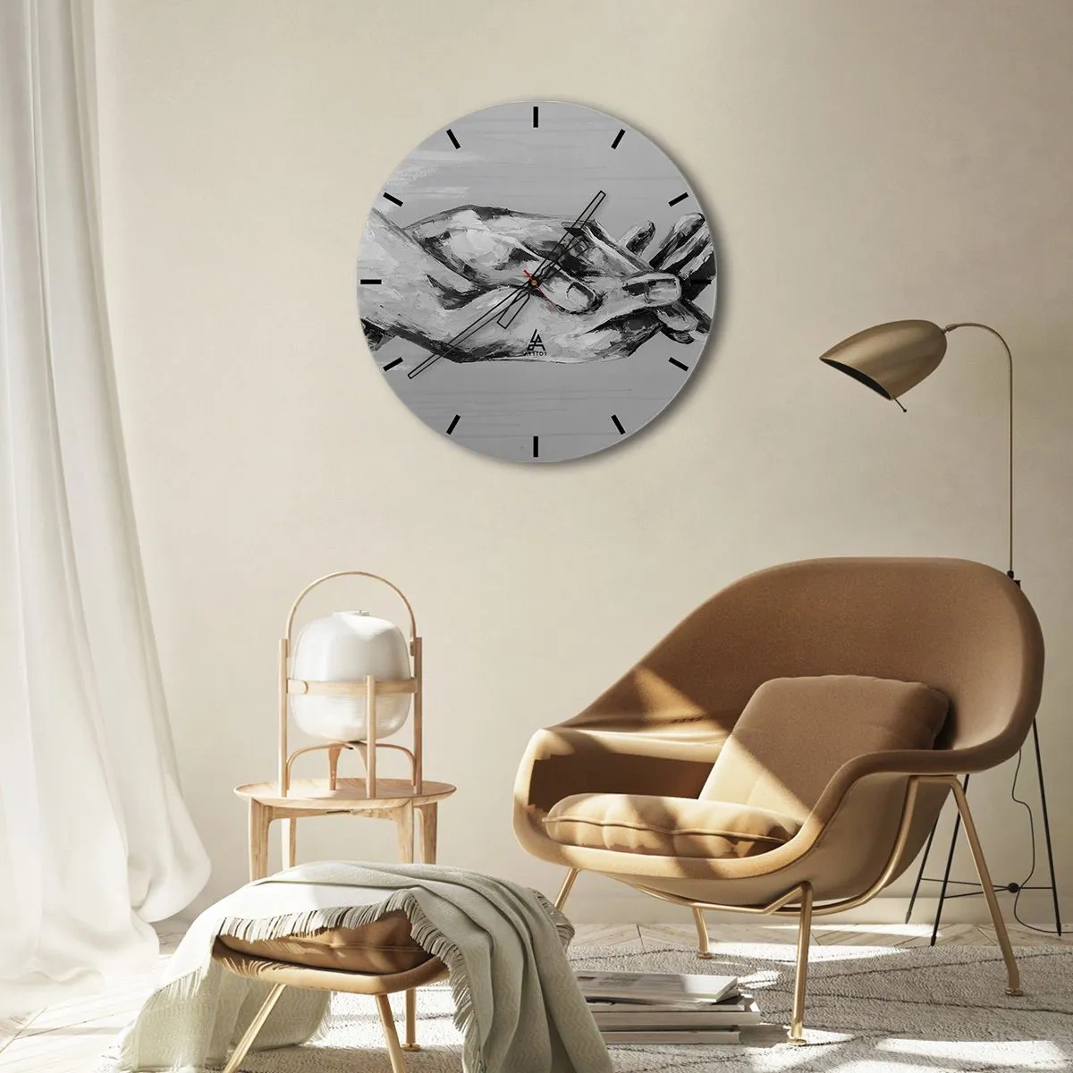 Reloj de pared - Reloj de vidrio - Manos simbólicas en tonos de gris capturadas en un estilo artístico. - 30x30cm - El comienzo... - Decoración de pared moderna para salón, cocina y dormitorio ARTTOR